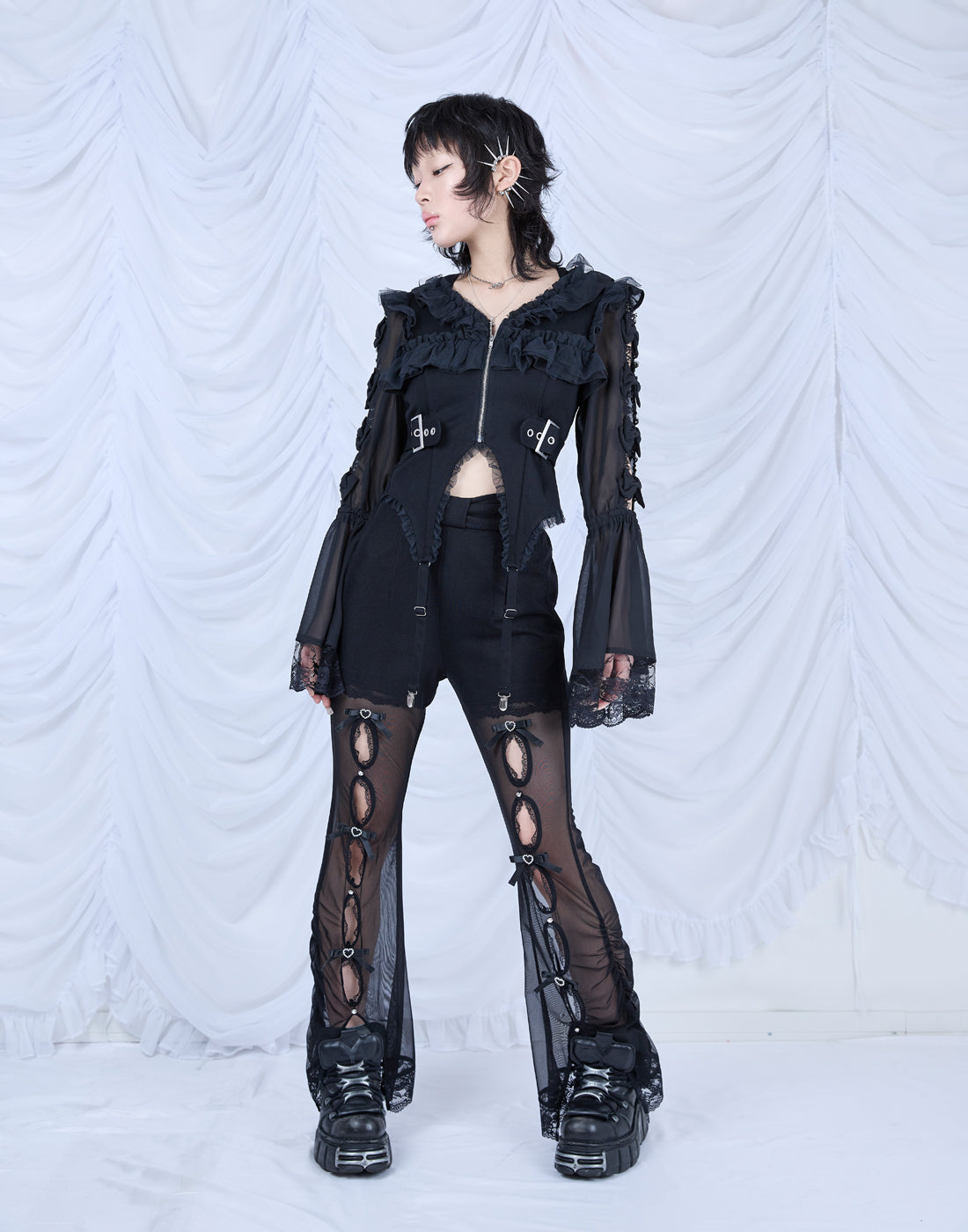トップス Flared sleeve ribbon and frill zip tops Flared sleeve ribbon and frill zip tops – AVENCHUMU