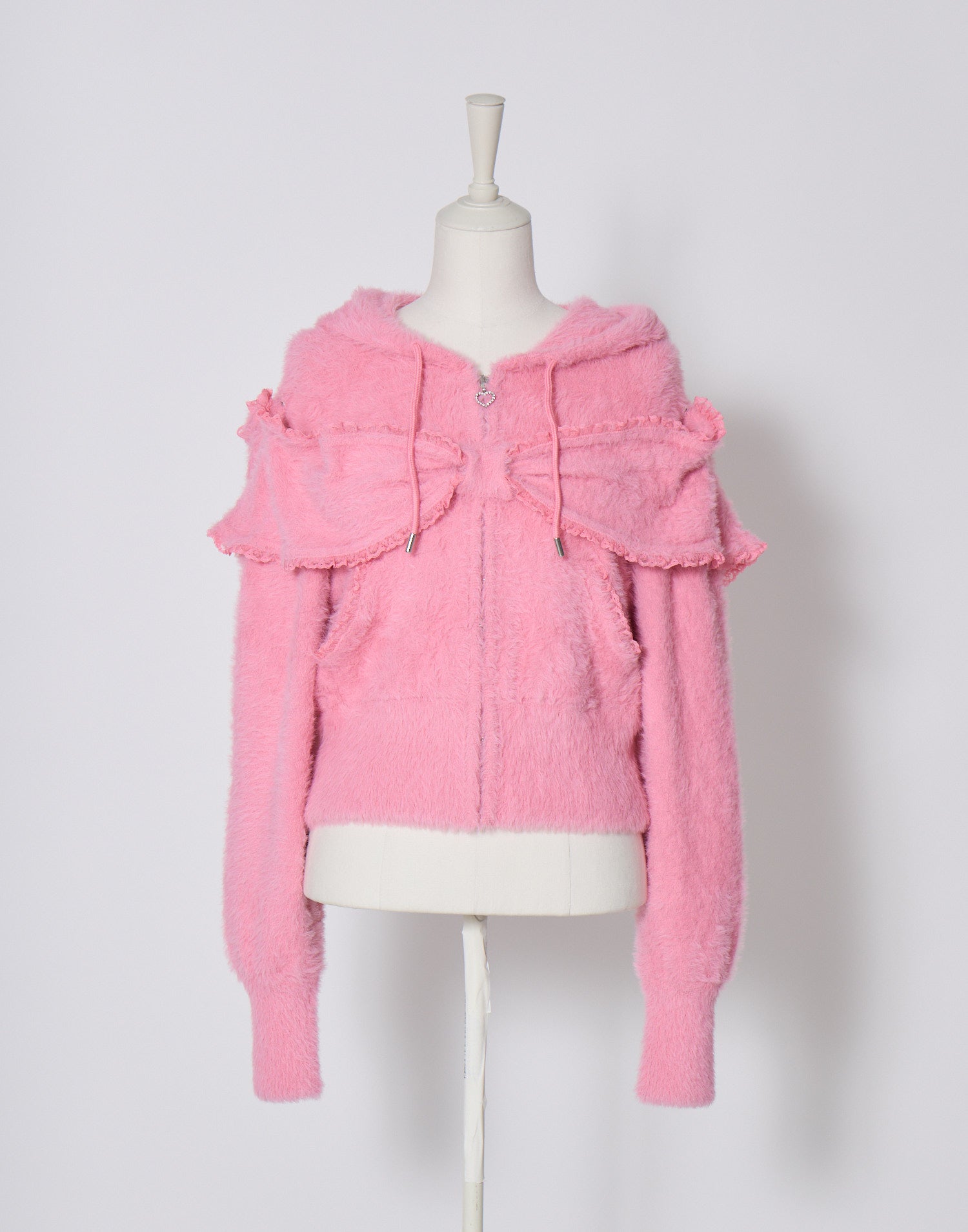 Ribbon shoulder zip shaggy knit hoodie – AVENCHUMU （アバンチュウム）