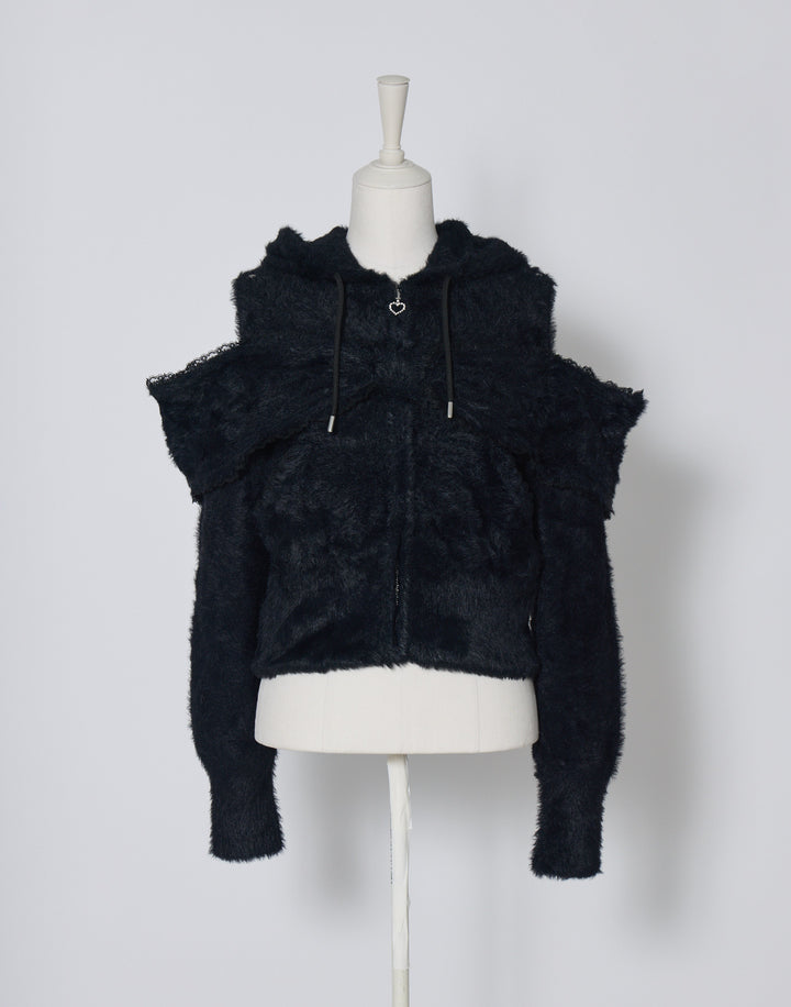 Ribbon shoulder zip shaggy knit hoodie – AVENCHUMU （アバンチュウム）