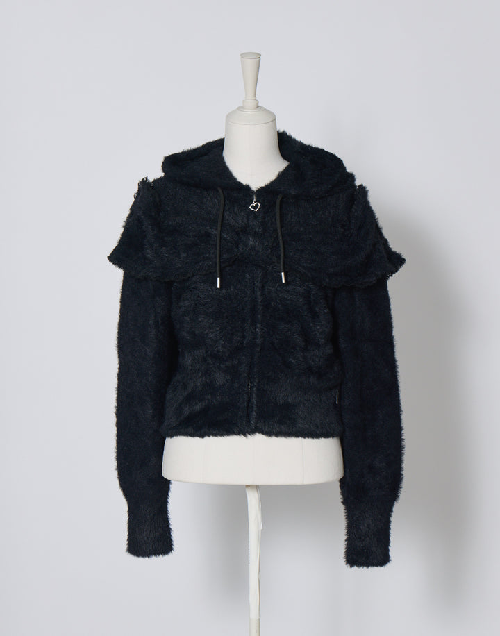 Ribbon shoulder zip shaggy knit hoodie – AVENCHUMU （アバンチュウム）