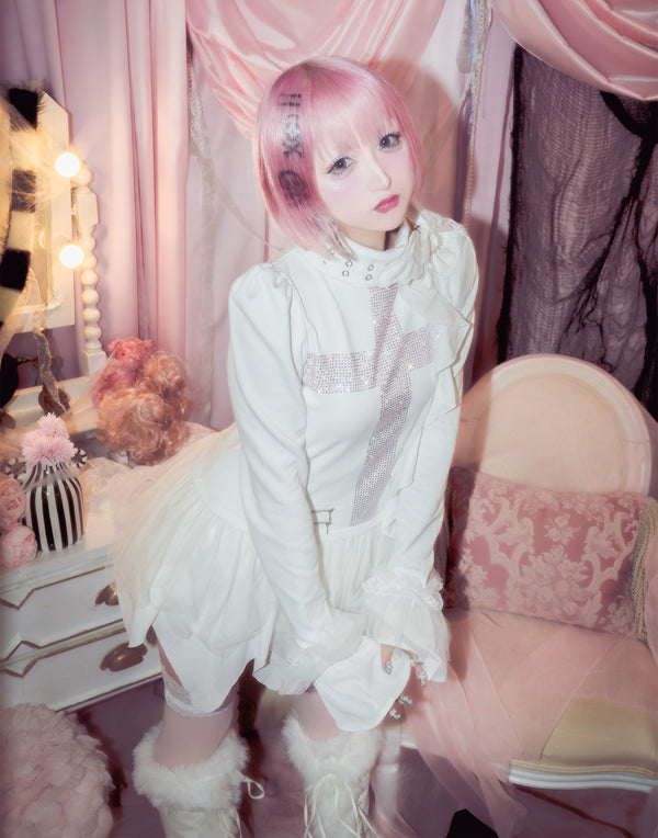 Rhinestone cross chiffon hem one-piece