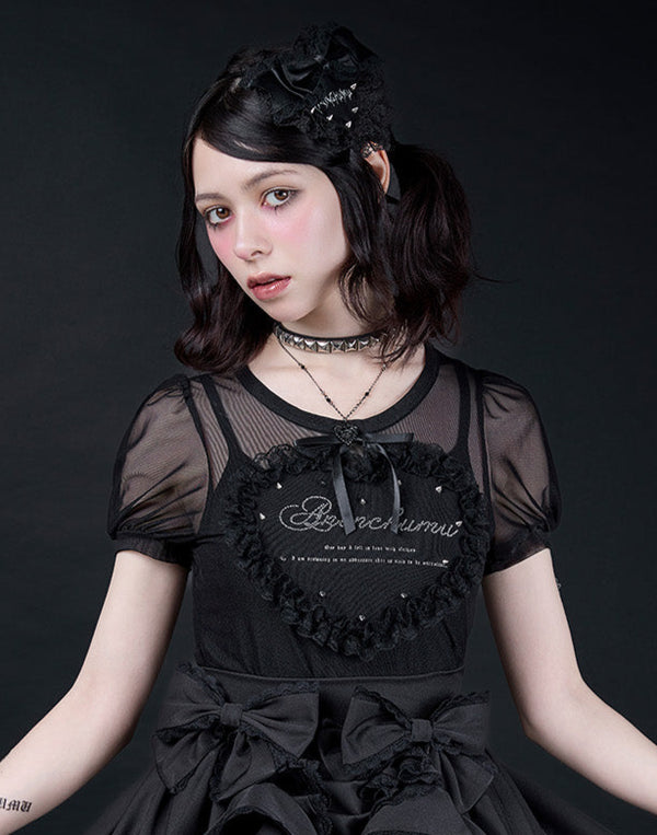 Heart studs & message puff sheer t-shirt