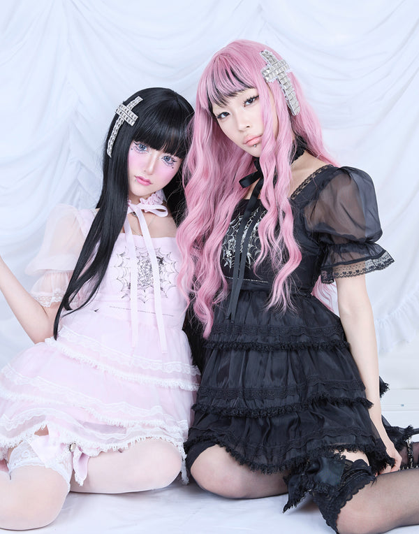 【5月12日(月)17:00販売開始】Frill choker sheer tiered illustration onepiece