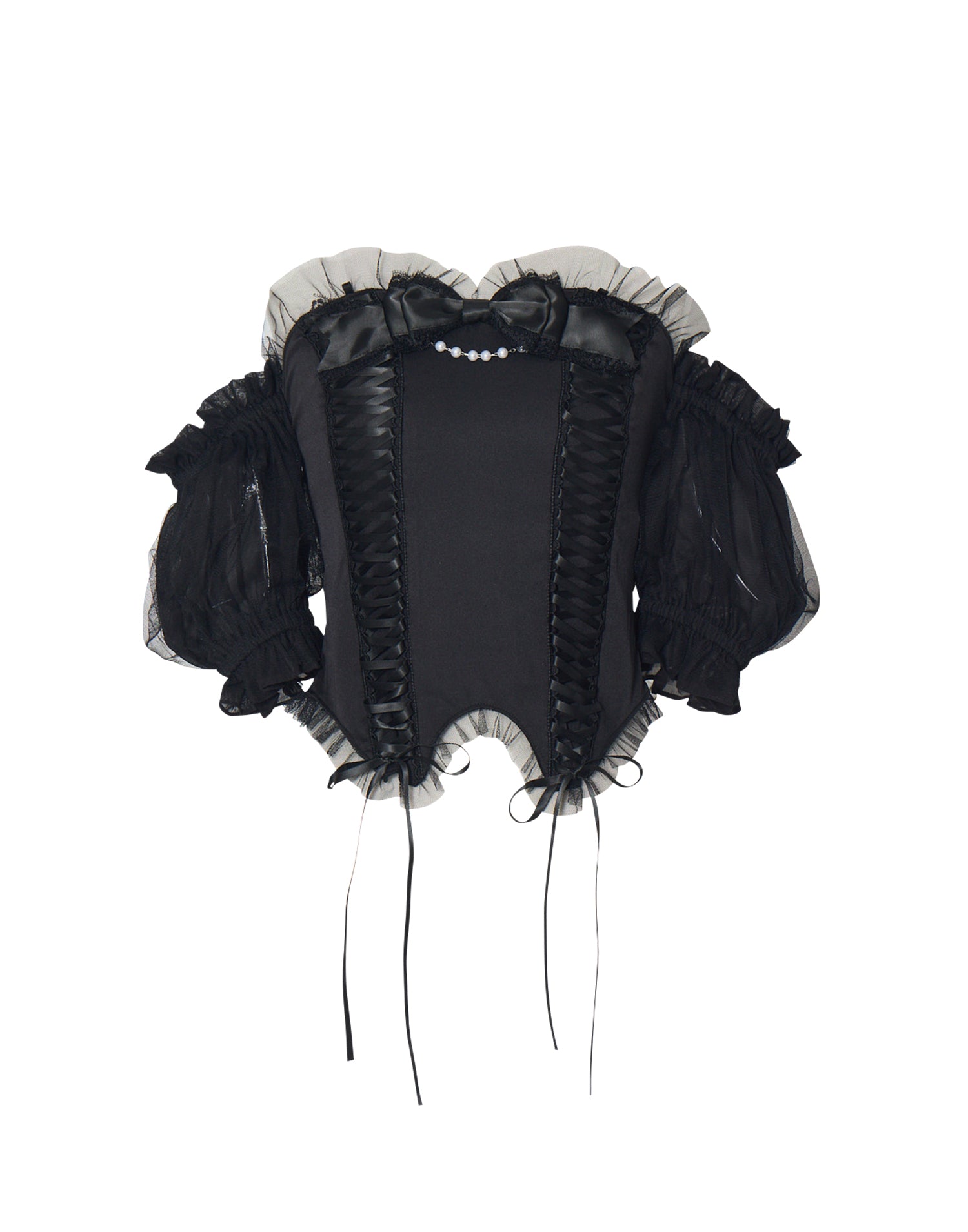 トップス Race up off shoulder tulle puff tops Race up off shoulder tulle puff tops – AVENCHUMU （アバンチュウム）
