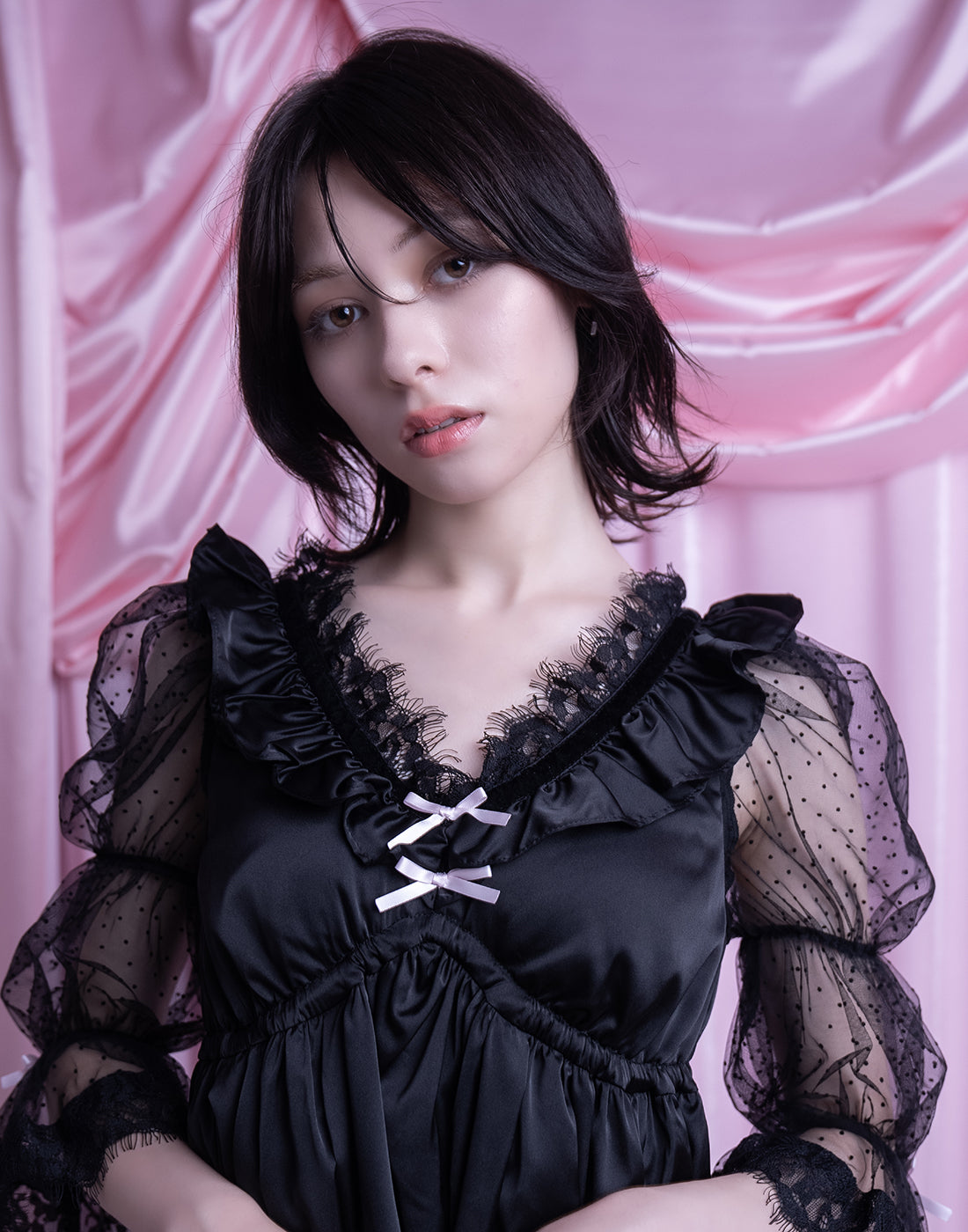 Dot tulle & ribbon satin babydoll – AVENCHUMU （アバンチュウム）