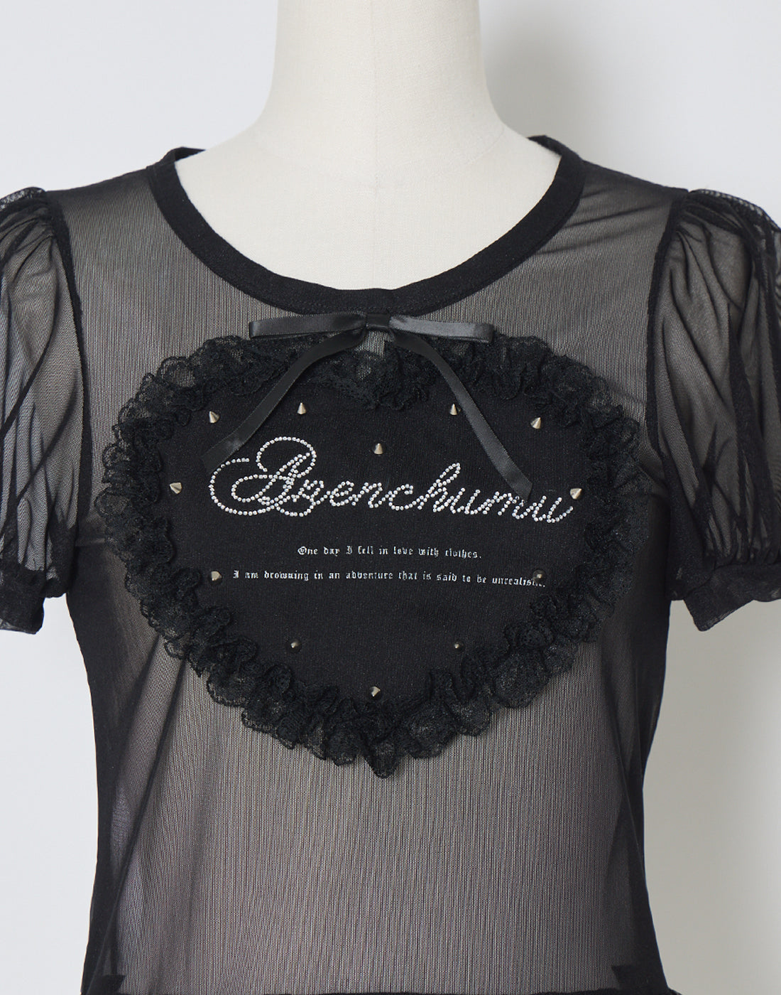 トップス Heart studs & message puff sheer t-shirt Heart studs & message puff sheer t-shirt – AVENCHUMU