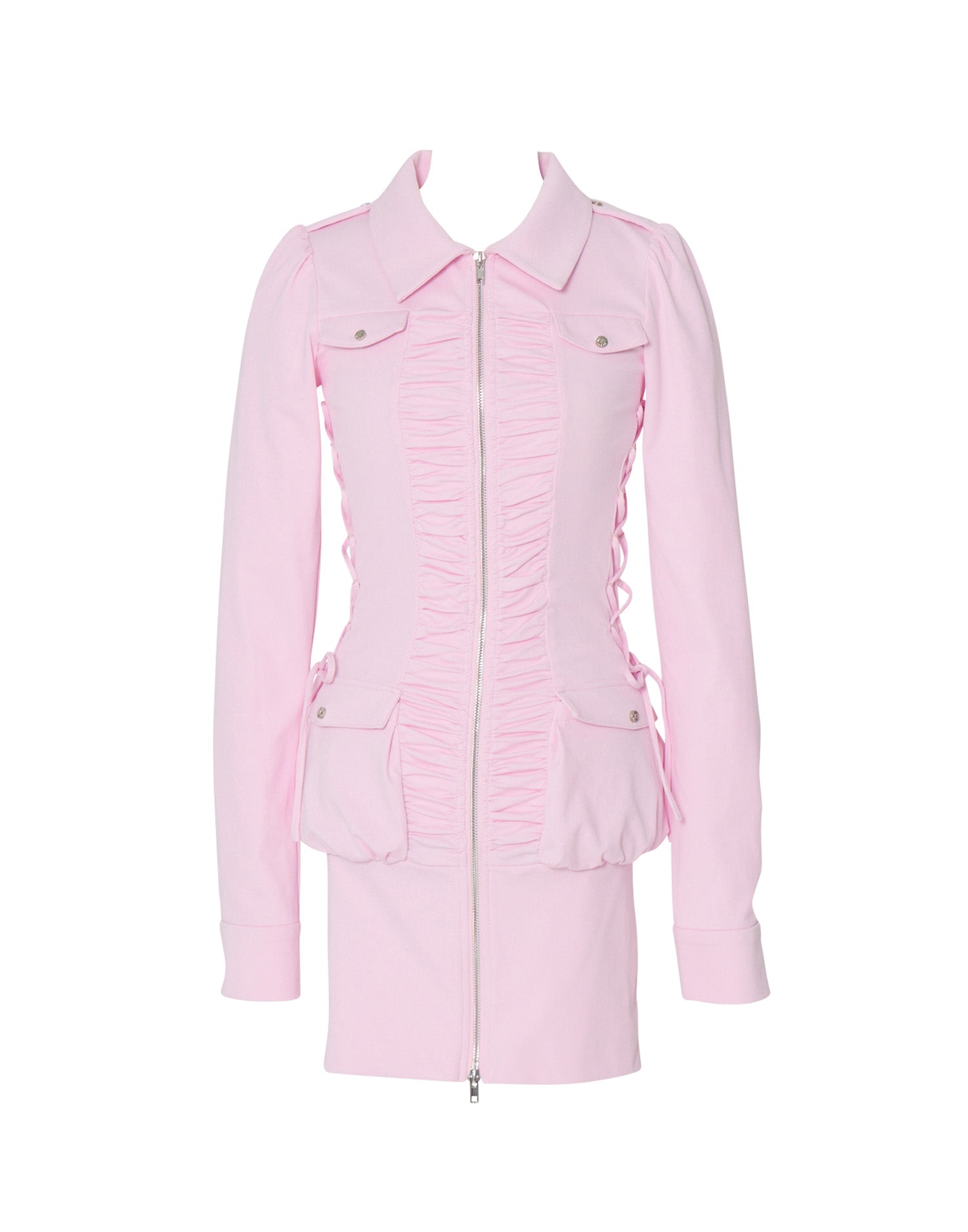 Zip-up shirt collar shirring one-piece – AVENCHUMU （アバンチュウム）